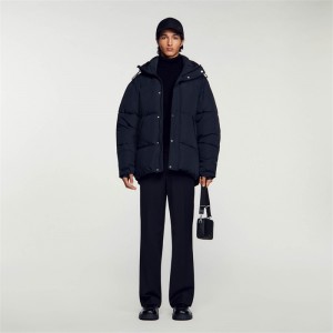 Sandro 3/4-length hooded puffer jacket Navy Blue | SN-SDO65183