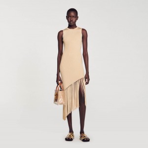 Sandro Asymmetrical fringed maxi dress Gold | SN-SDO64300