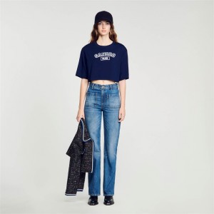 Sandro Cropped T-shirt Navy Blue | SN-SDO64405