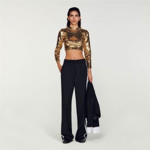 Sandro Cropped knit sweater with sequins Gold | SN-SDO64320