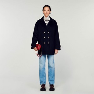 Sandro Double-breasted pea coat Navy Blue | SN-SDO64540