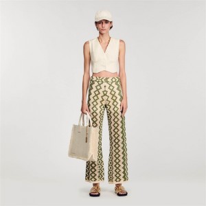 Sandro Knit pants Ecru / Olive Green | SN-SDO64812