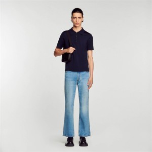 Sandro Knitted polo shirt with zip collar Navy Blue | SN-SDO65135