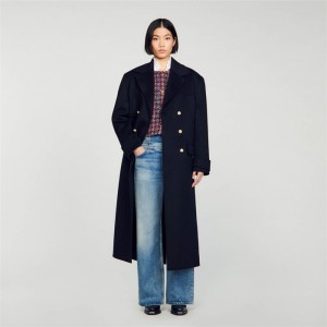 Sandro Long double-breasted coat Navy Blue | SN-SDO64539