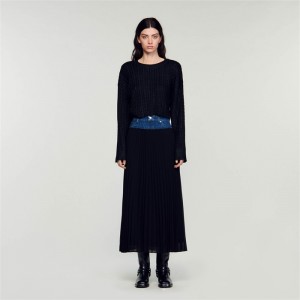 Sandro Long pleated denim skirt Black | SN-SDO64693