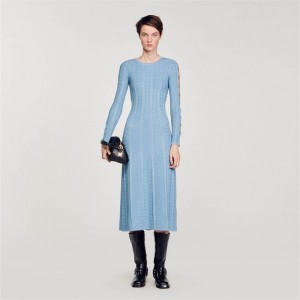 Sandro Long-sleeved knit midi dress Sky Blue | SN-SDO64276