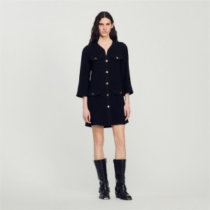 Sandro Long-sleeved short tweed dress Black | SN-SDO64185