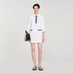 Sandro Long-sleeved short tweed dress White | SN-SDO64288