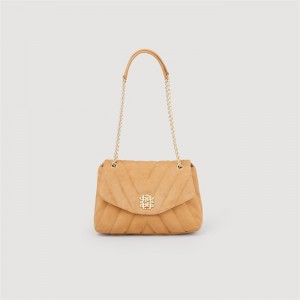 Sandro Mila Quilted suede leather bag Camel | SN-SDO64874