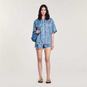 Sandro Oversize floral silk shirt Blu / White | SN-SDO64385