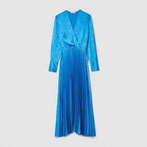 Sandro Pleated satin-effect midi dress Pétrol Blue | SN-SDO64291