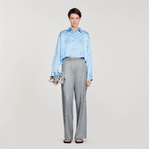 Sandro Rhinestone linen trousers Grey | SN-SDO64803