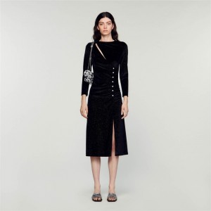 Sandro Rhinestone velvet dress Black | SN-SDO64260