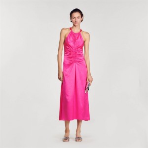 Sandro Ruched satin-effect maxi dress Fushia | SN-SDO64280