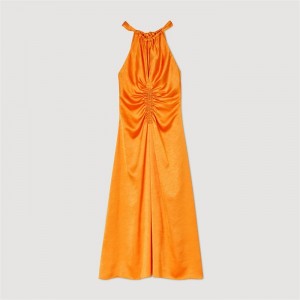 Sandro Ruched satin-effect maxi dress Orange | SN-SDO64281