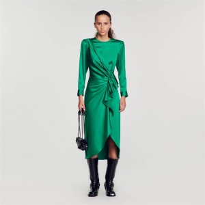 Sandro Ruffled satin-effect dress Green | SN-SDO64218