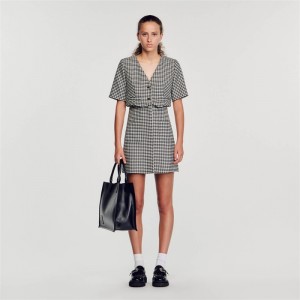 Sandro Short houndstooth tweed dress Black / White | SN-SDO64197