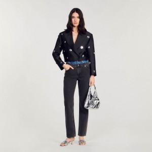 Sandro Short satin-look floral jacket Black | SN-SDO64491