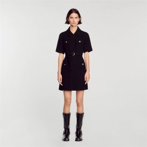 Sandro Short-sleeved dress in two materials Black | SN-SDO64251