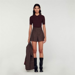 Sandro Short-sleeved polo neck sweater Bordeaux | SN-SDO64639