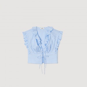 Sandro Striped ruffled crop top Blu / White | SN-SDO64387