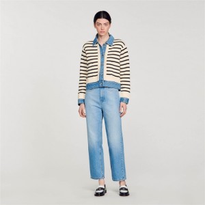 Sandro Stripy knit and denim coatigan Ecru / Black | SN-SDO64676