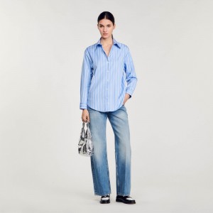 Sandro Stripy shirt with open lace back Blu / White | SN-SDO64386