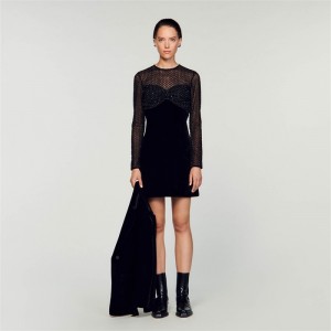 Sandro Velvet and rhinestone dress Black | SN-SDO64254