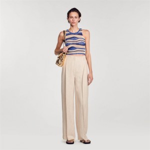 Sandro Wide-leg striped floaty trousers Beige | SN-SDO64813