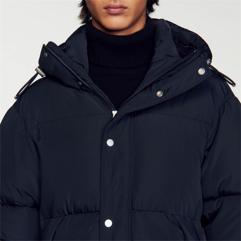 Sandro 3/4-length hooded puffer jacket Navy Blue | SN-SDO65183