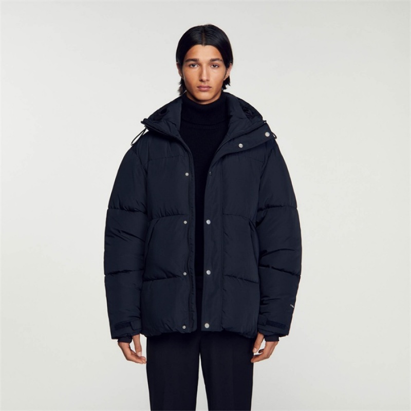 Sandro 3/4-length hooded puffer jacket Navy Blue | SN-SDO65183