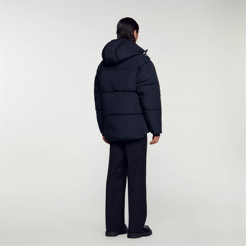 Sandro 3/4-length hooded puffer jacket Navy Blue | SN-SDO65183