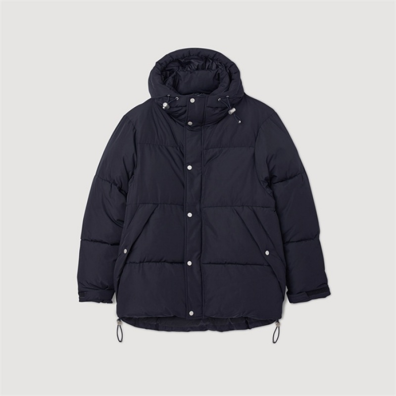 Sandro 3/4-length hooded puffer jacket Navy Blue | SN-SDO65183