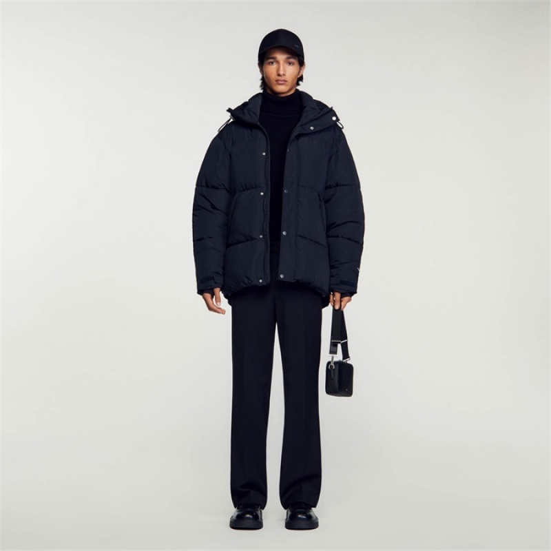 Sandro 3/4-length hooded puffer jacket Navy Blue | SN-SDO65183