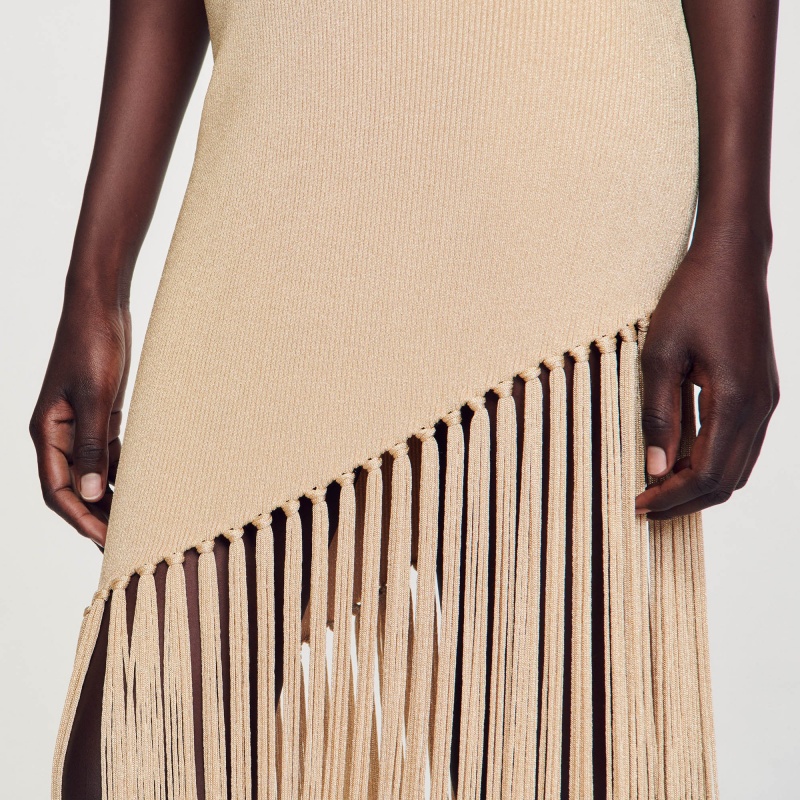 Sandro Asymmetrical fringed maxi dress Gold | SN-SDO64300