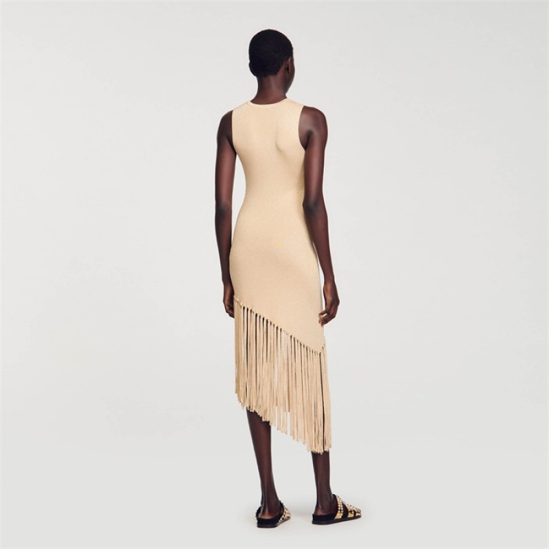 Sandro Asymmetrical fringed maxi dress Gold | SN-SDO64300