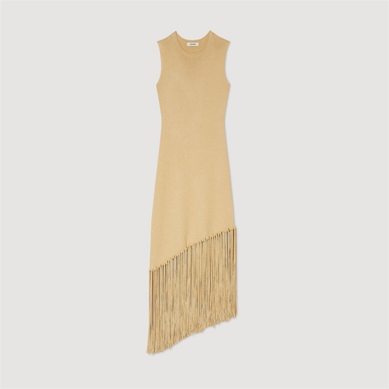 Sandro Asymmetrical fringed maxi dress Gold | SN-SDO64300