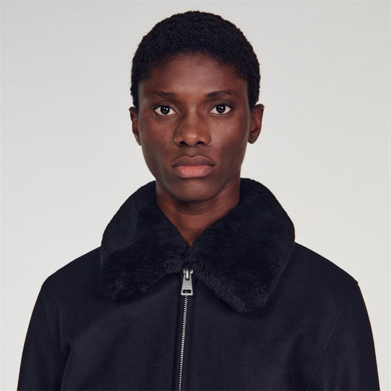 Sandro Aviator jacket with sheepskin collar Deep Black | SN-SDO65160