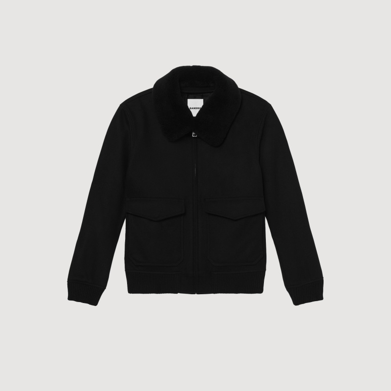 Sandro Aviator jacket with sheepskin collar Deep Black | SN-SDO65160