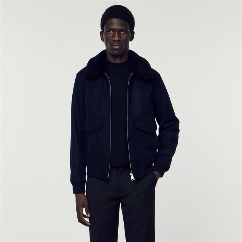 Sandro Aviator jacket with sheepskin collar Navy Blue | SN-SDO65161