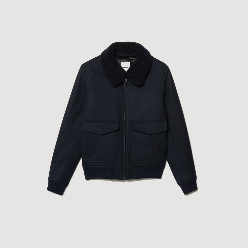 Sandro Aviator jacket with sheepskin collar Navy Blue | SN-SDO65161