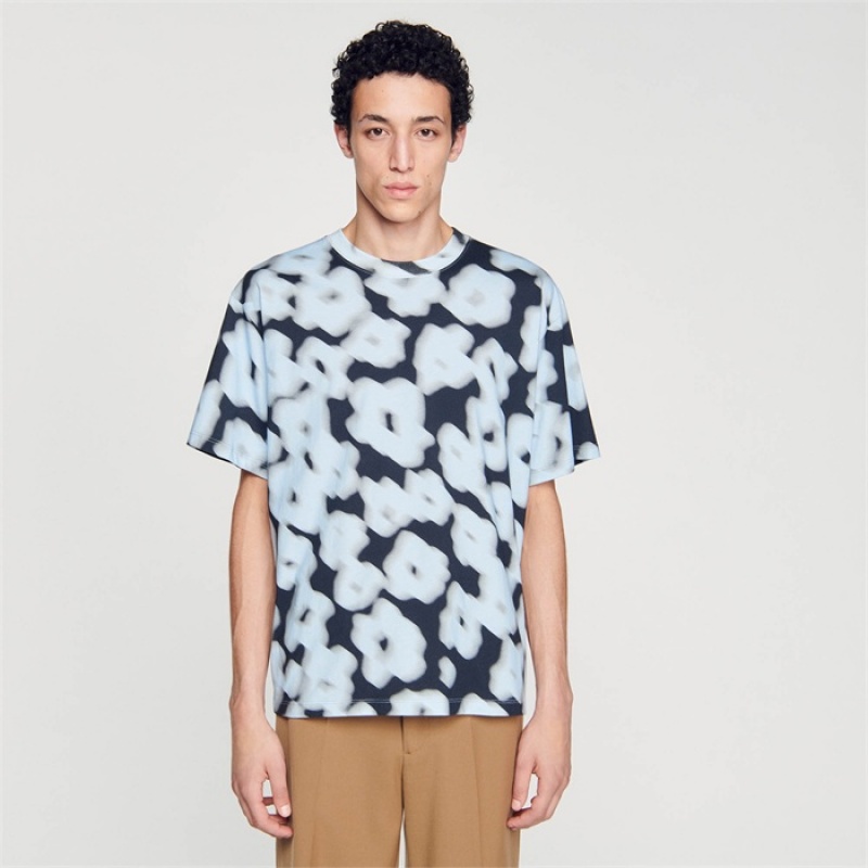 Sandro Blurry floral cotton T-shirt Blue | SN-SDO65119