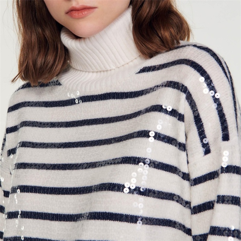 Sandro Cropped Breton sweater Ecru | SN-SDO64563