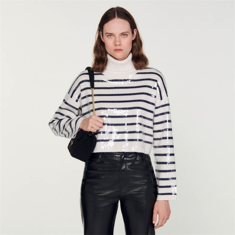 Sandro Cropped Breton sweater Ecru | SN-SDO64563