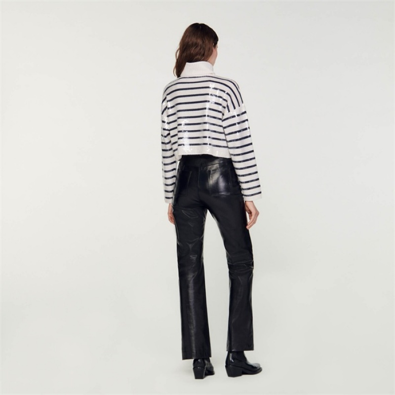 Sandro Cropped Breton sweater Ecru | SN-SDO64563