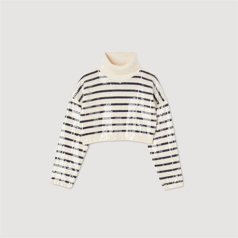 Sandro Cropped Breton sweater Ecru | SN-SDO64563