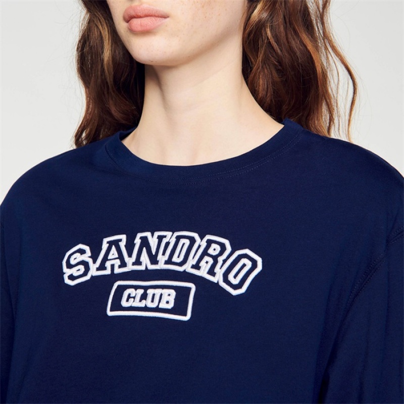 Sandro Cropped T-shirt Navy Blue | SN-SDO64405