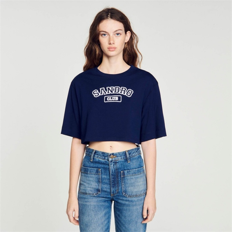 Sandro Cropped T-shirt Navy Blue | SN-SDO64405