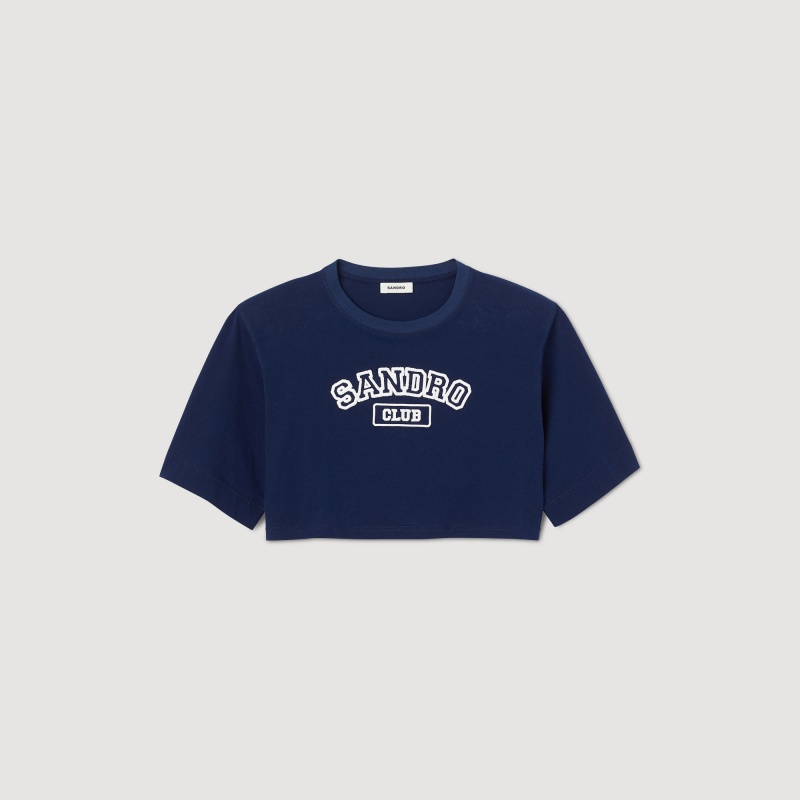 Sandro Cropped T-shirt Navy Blue | SN-SDO64405