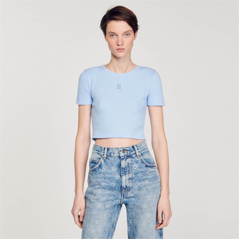 Sandro Cropped T-shirt Sky Blue | SN-SDO64418